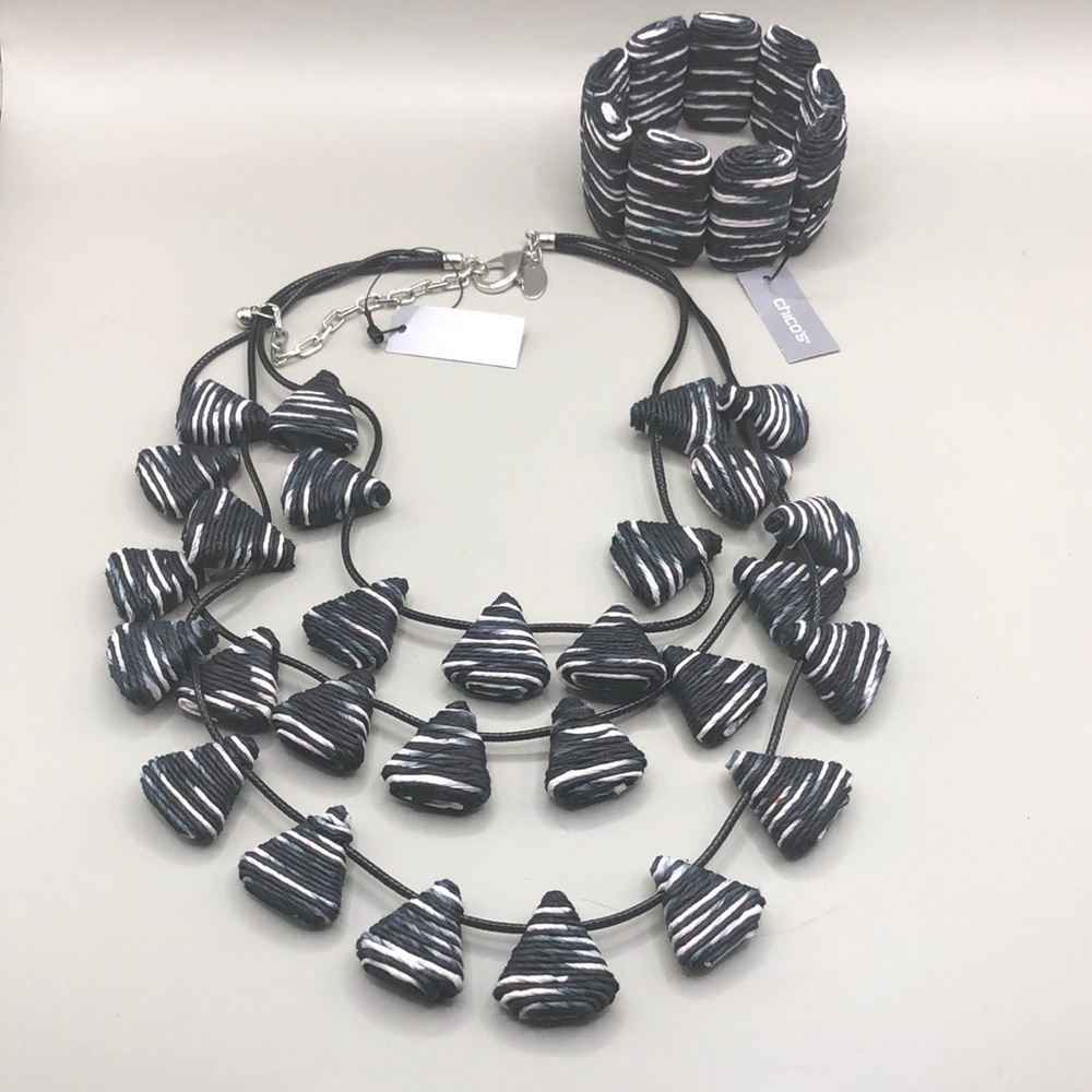 Chico’s black and white corded jewelry set necklace and bracelet statement look.